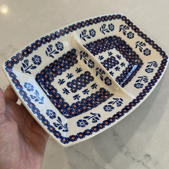 Manufaktura Boleslawcu Chip Dip Polish Pottery Divided Dish Floral Blue Red - Picture 3 of 8